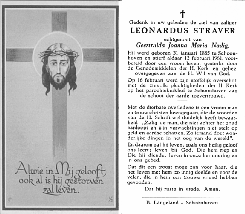 Bidprentje Leonardus Straver ev Geertruda JM Nadig